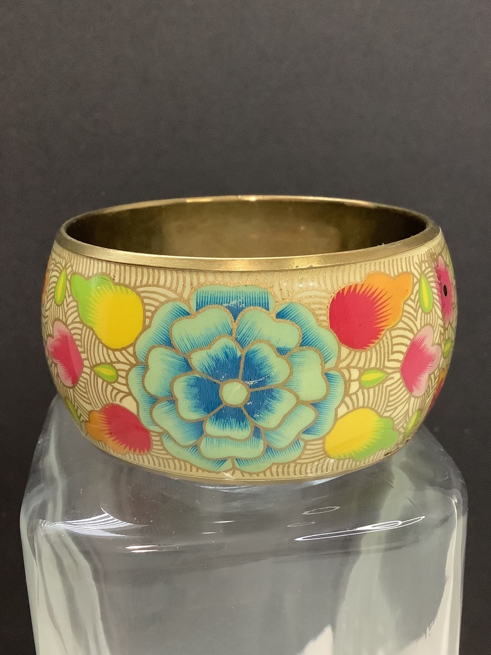 Vintage Floral Cloisonné Enamel Wide Bangle Bracelet Multicolor Cottage Core